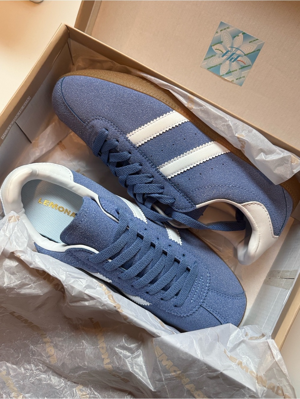 Princess Polly Blue Suede Sneakers with White Stripes